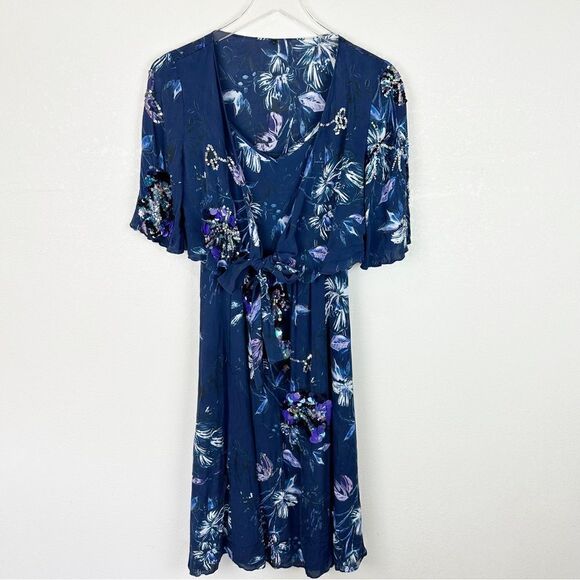 Kobi Halperin Navy Floral Silk Midi Sequin Cocktail Shawl Dress Small - Picture 1 of 10